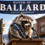 Jimothy The Raccoon Mayor of Ballard Template - Raccoon elected mayor at podium with navy gold Seattle banners
