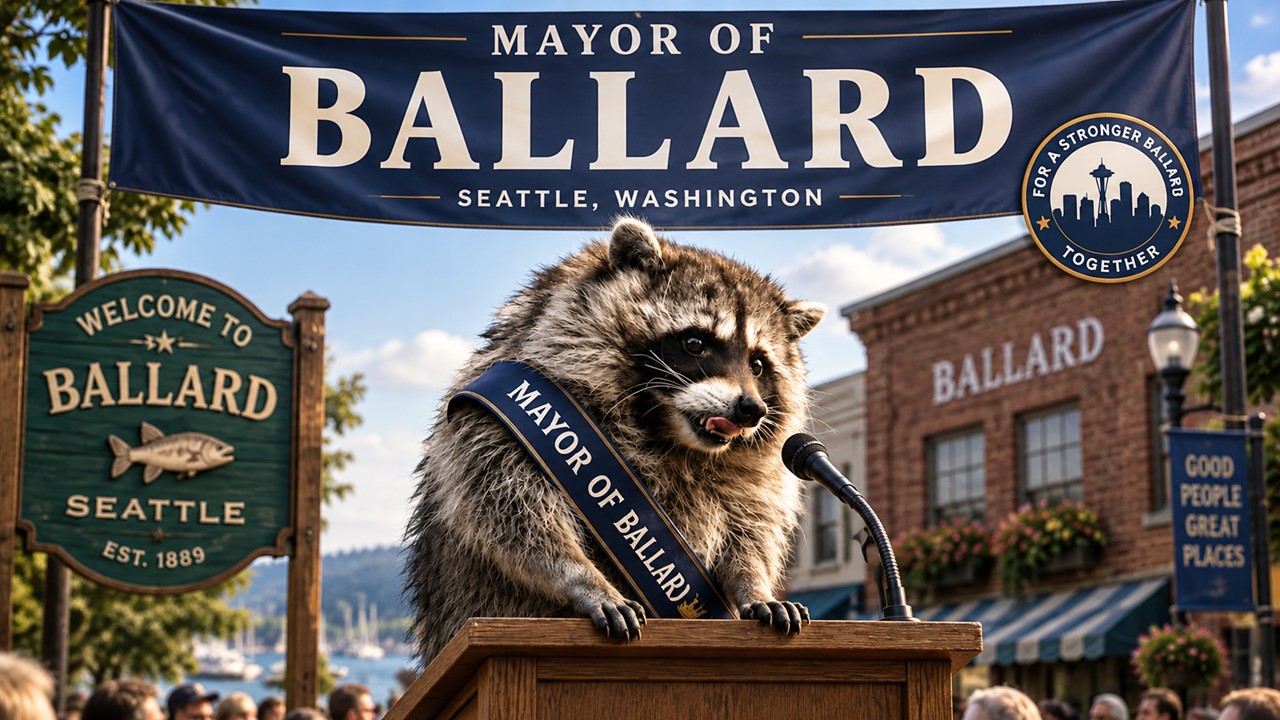 Jimothy The Raccoon Mayor of Ballard Template - Raccoon elected mayor at podium with navy gold Seattle banners