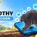 Jimothy The Raccoon Template - Cover slide with raccoon on smartphone, social media icons, blue sky background
