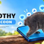 Jimothy The Raccoon Template - Cover slide with raccoon on smartphone, social media icons, blue sky background