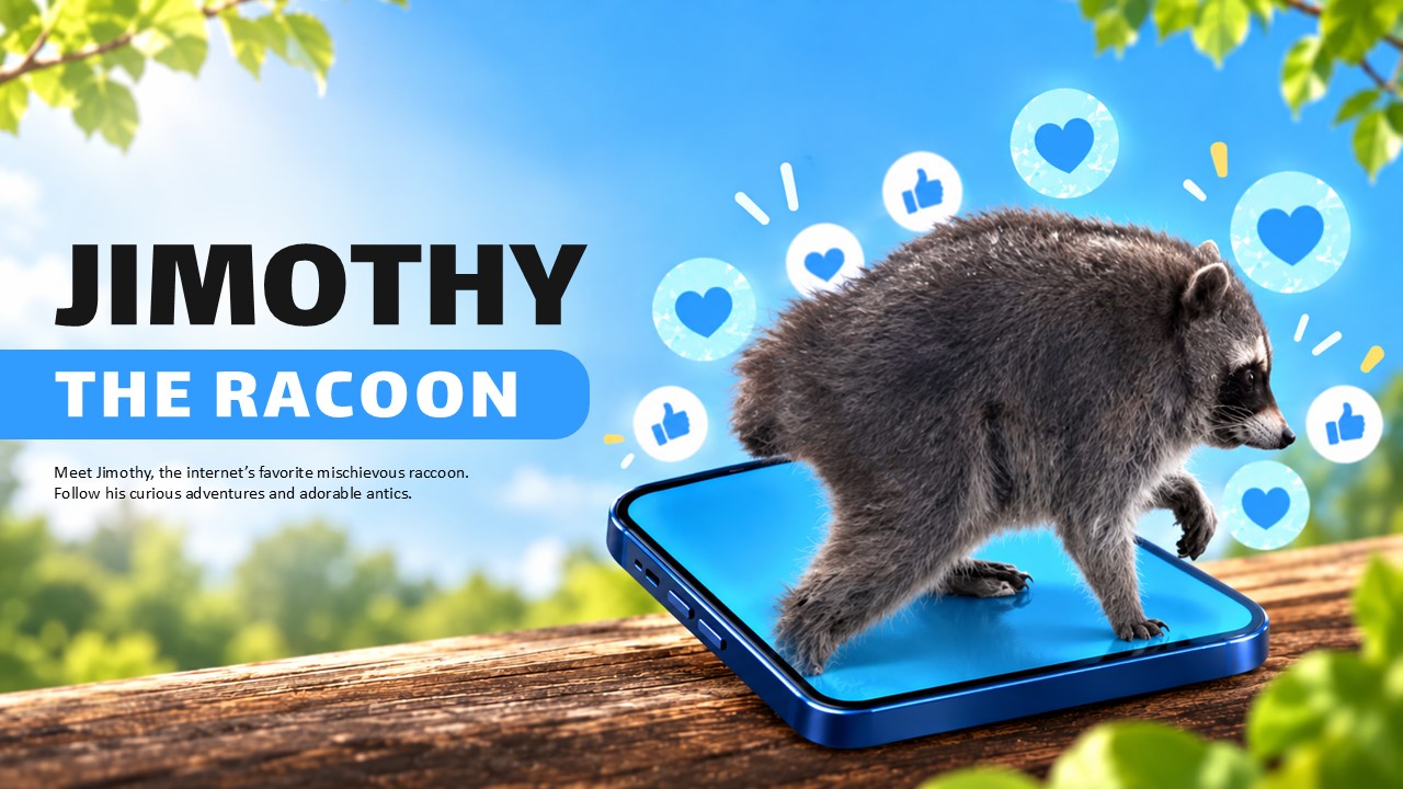 Jimothy The Raccoon Template - Cover slide with raccoon on smartphone, social media icons, blue sky background