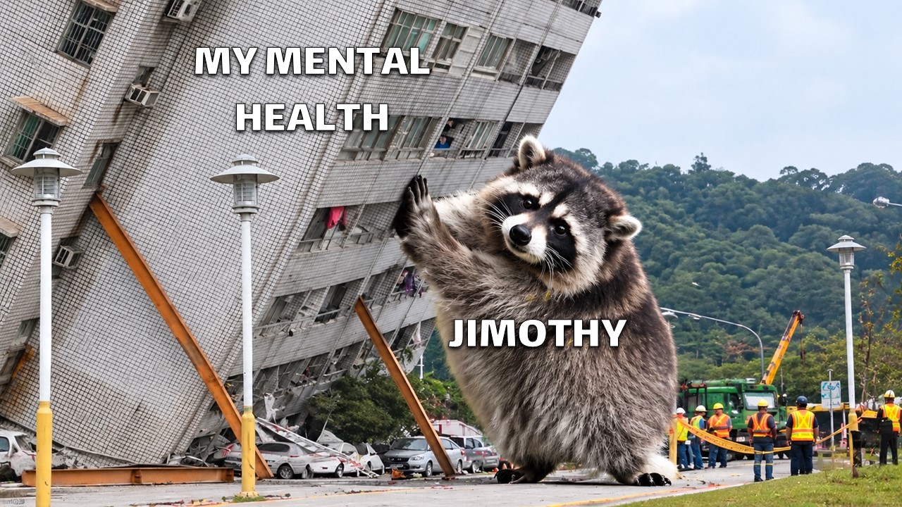 Jimothy The Raccoon Humor Template - Giant raccoon holding tilting building as mental health relatable meme slide