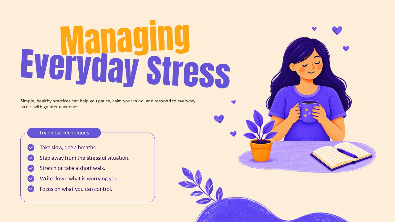 Mental Health Template - Managing Everyday Stress Techniques Slide