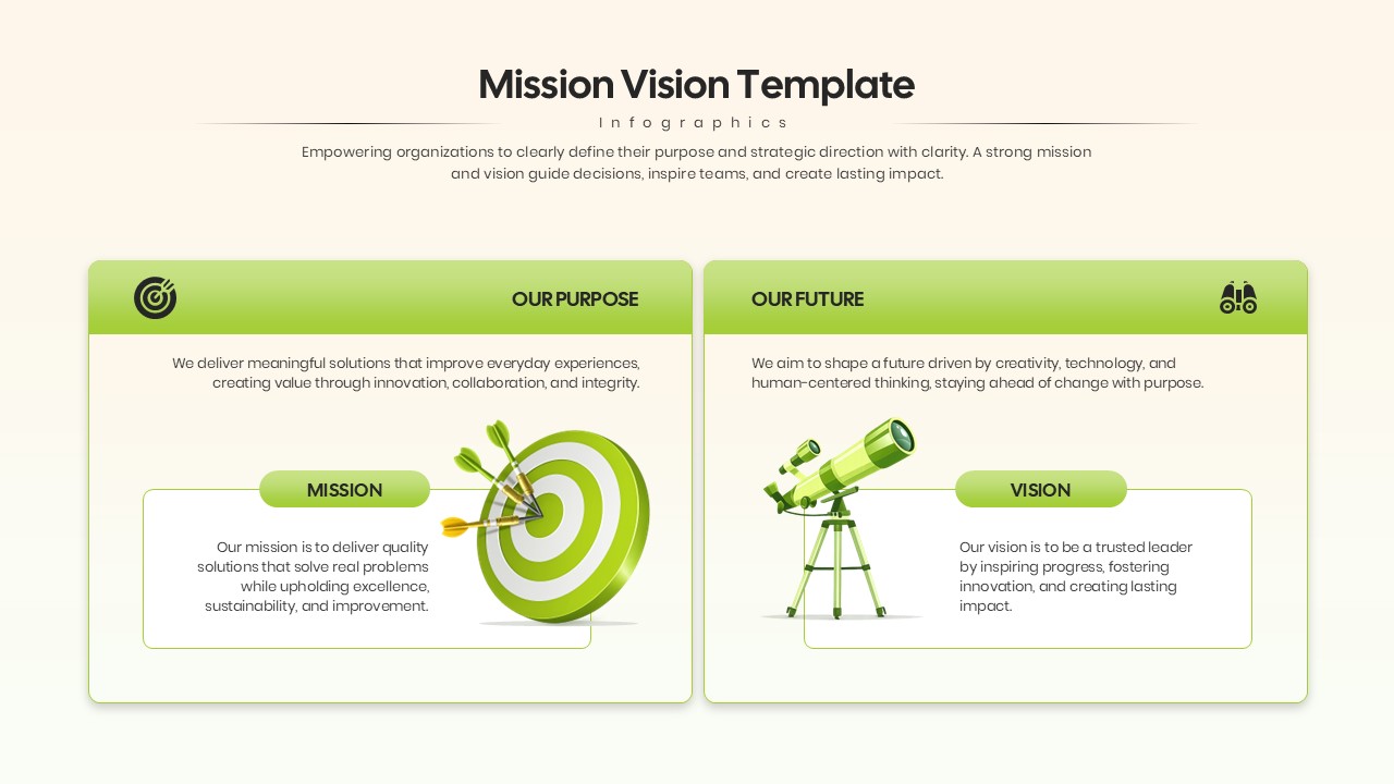 Mission Vision Infographic Template - Split layout with botanical illustration anchoring Mission and Vision pillars side by side