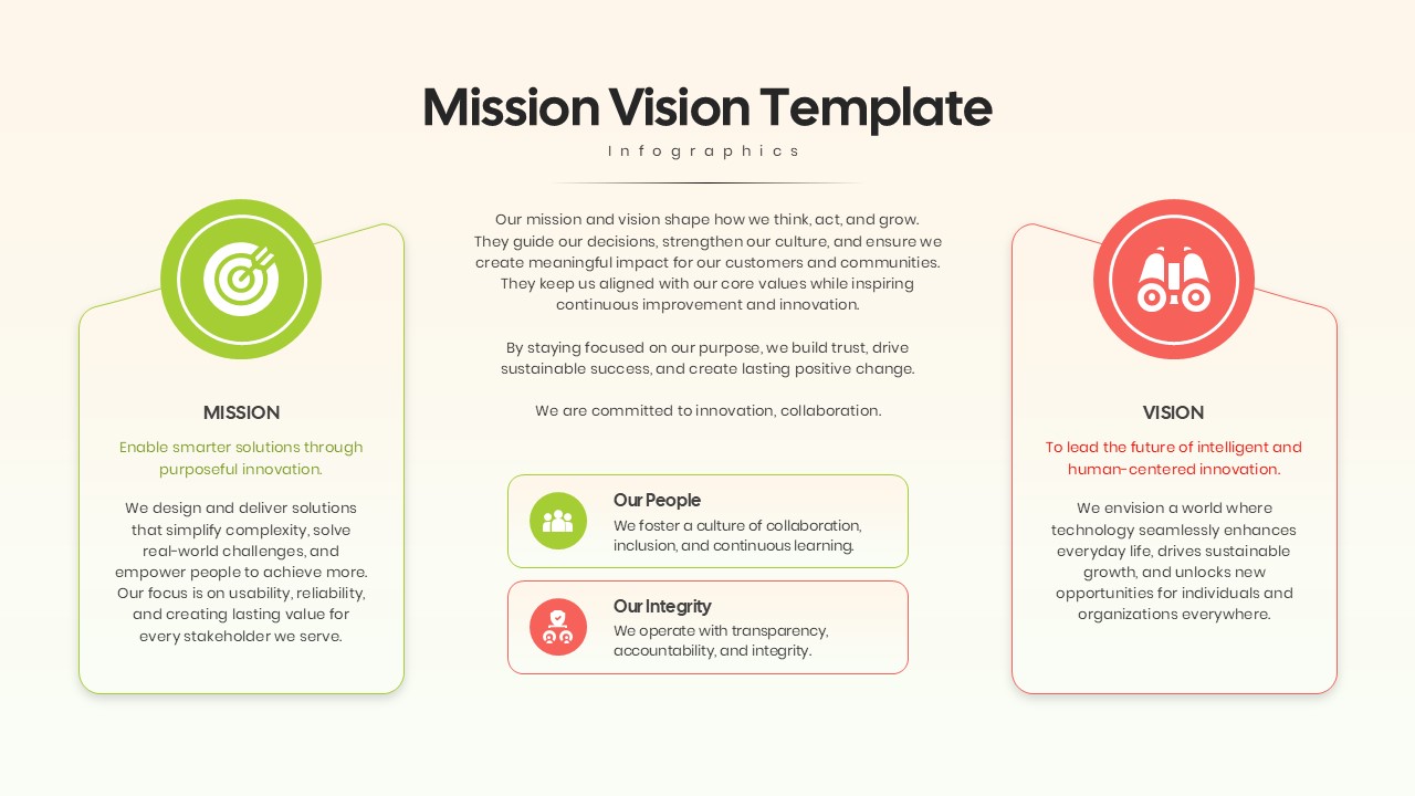 Mission Vision Infographic - Three-column layout with green Mission, red Vision pillars, and central Our People and Integrity value cards