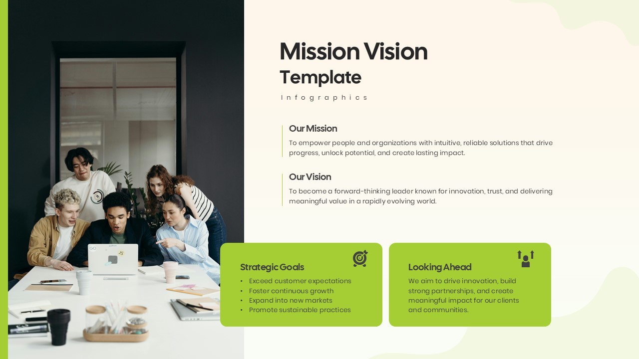 Mission Vision Infographic - Split-screen photo layout pairing team photography with Mission, Vision, and Strategic Goals content