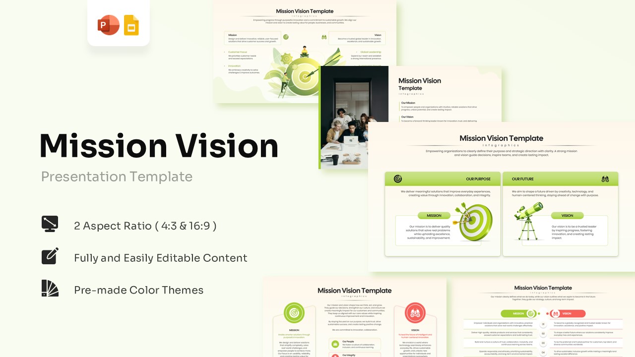 Mission Vision Infographic Template - Marketplace preview showcasing 6 slides in cream, lime green, and coral tones