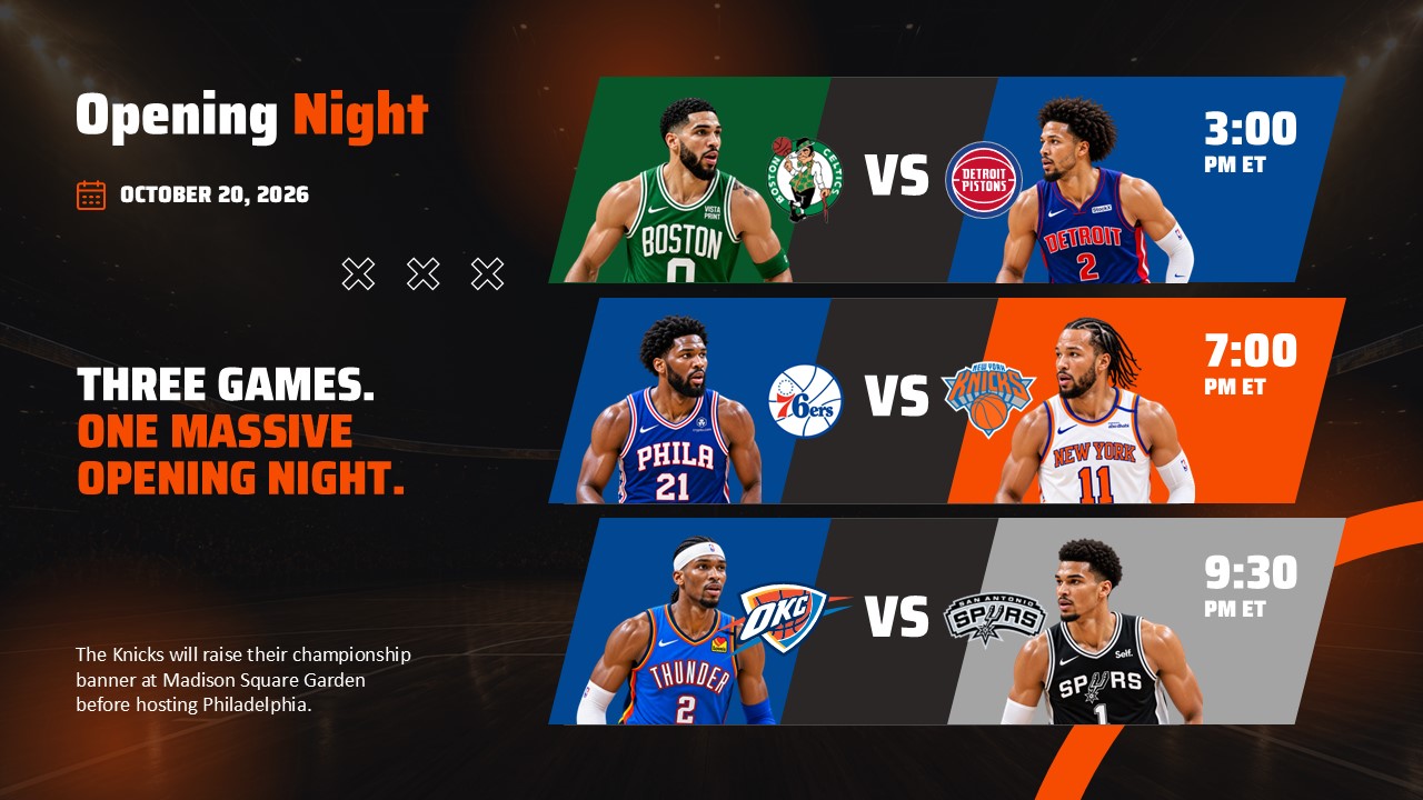 NBA Schedule 2027 Opening Night slide - three game matchup rows with team logos, player photos, and tip-off times