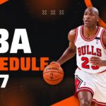 NBA Schedule 2027 Template - dark cover slide with bold title text, orange accents, and basketball athlete hero image