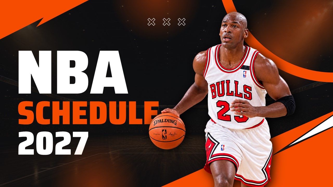 NBA Schedule 2027 Template - dark cover slide with bold title text, orange accents, and basketball athlete hero image