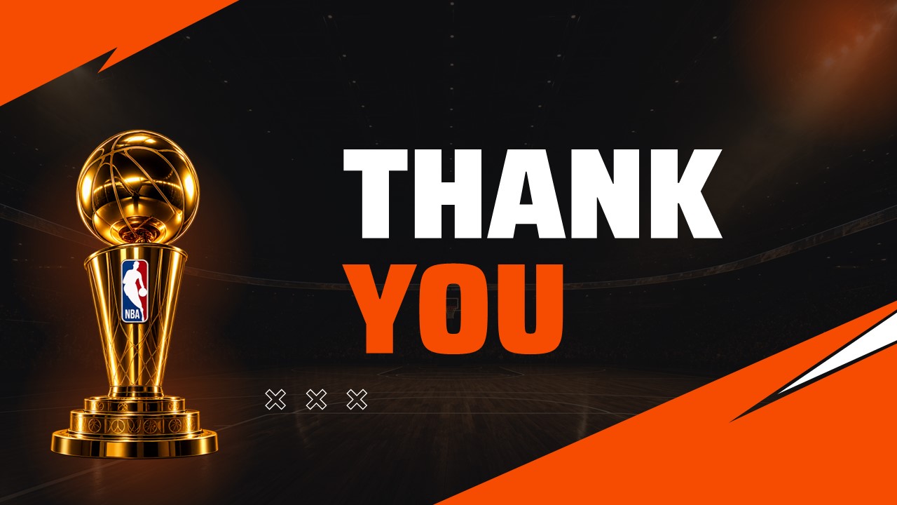 NBA Schedule 2027 Thank You closing slide - Larry O'Brien Trophy image with bold white and orange thank you text