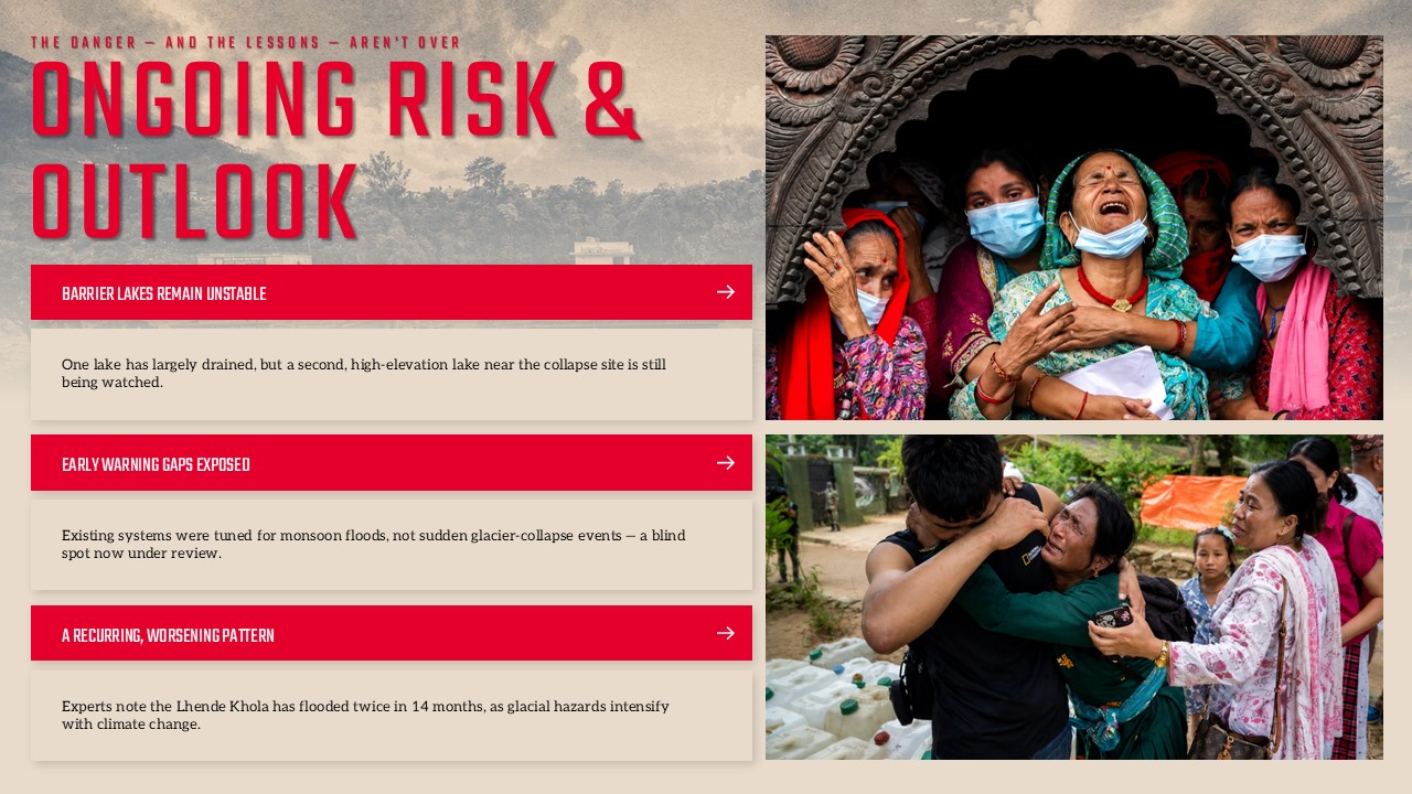 Nepal Flood Closing Statement Template - Full-bleed closing slide with Nepalese flag and poetic text block over Himalayan landscape photography