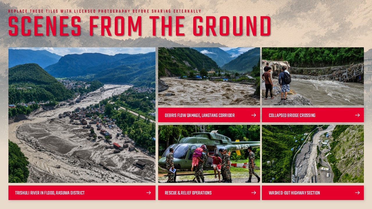 Nepal Flood Disaster Timeline Template - Five staggered event cards tracing flood progression from August 26 to September 1, 2026