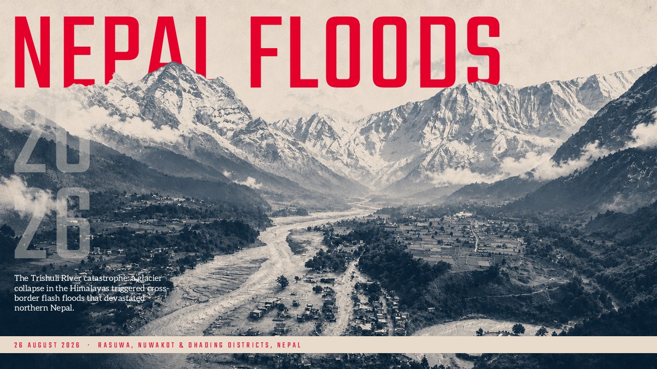 Nepal Flood Google Slides Template - Cause-and-effect explainer slide with three-step glacier-to-flood sequence and editorial photography