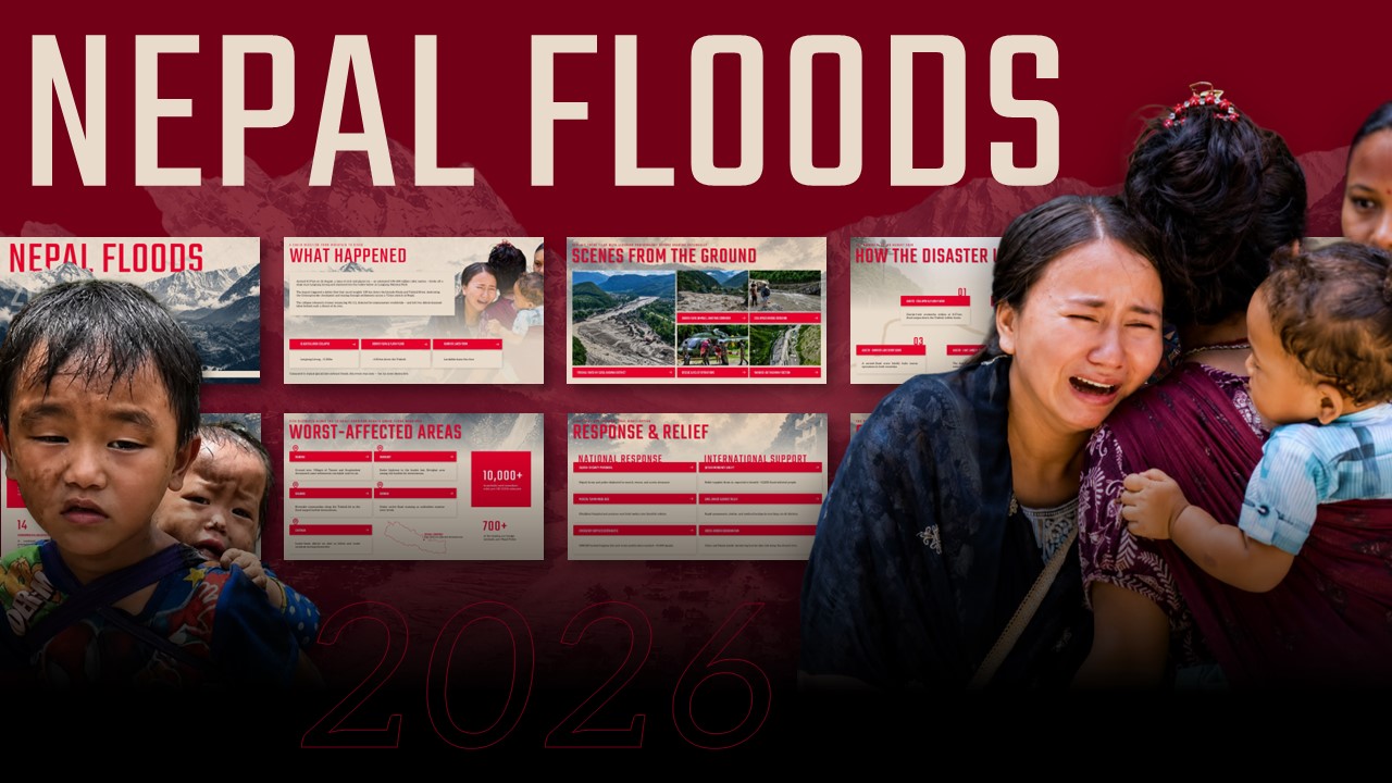 Nepal Flood Template - Cinematic cover slide with bold 'NEPAL FLOODS' headline over aerial Himalayan river valley photography