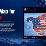 New America Map Google Slides Template - two-column slide with headline text and embedded social media post showing North America map