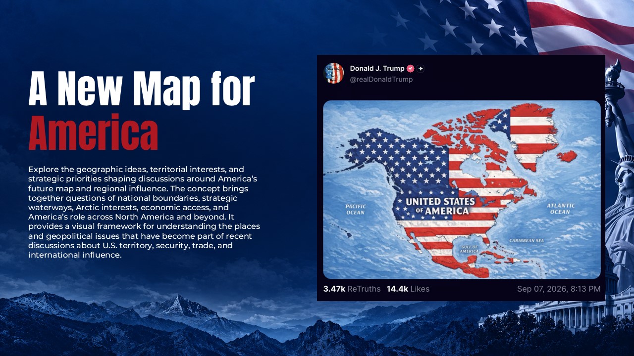 New America Map Google Slides Template - two-column slide with headline text and embedded social media post showing North America map