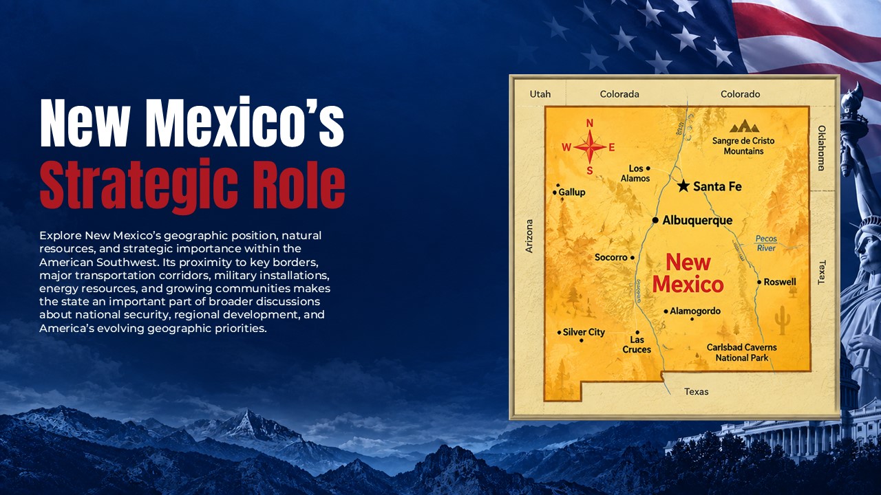 New America Map Template - two-column regional slide with descriptive text and vintage-style New Mexico map graphic