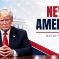 New America Map Template - patriotic cover slide with bold headline, red-navy palette, and portrait photo background