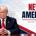 New America Map Template - patriotic cover slide with bold headline, red-navy palette, and portrait photo background