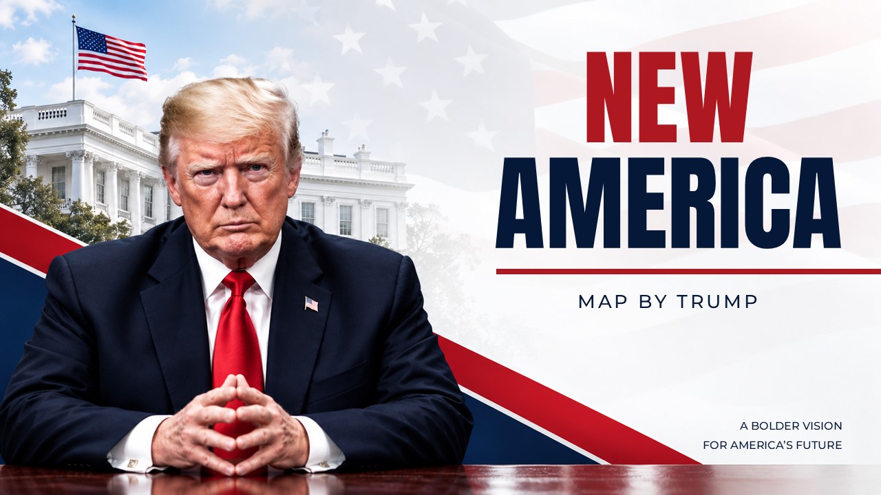 New America Map Template - patriotic cover slide with bold headline, red-navy palette, and portrait photo background