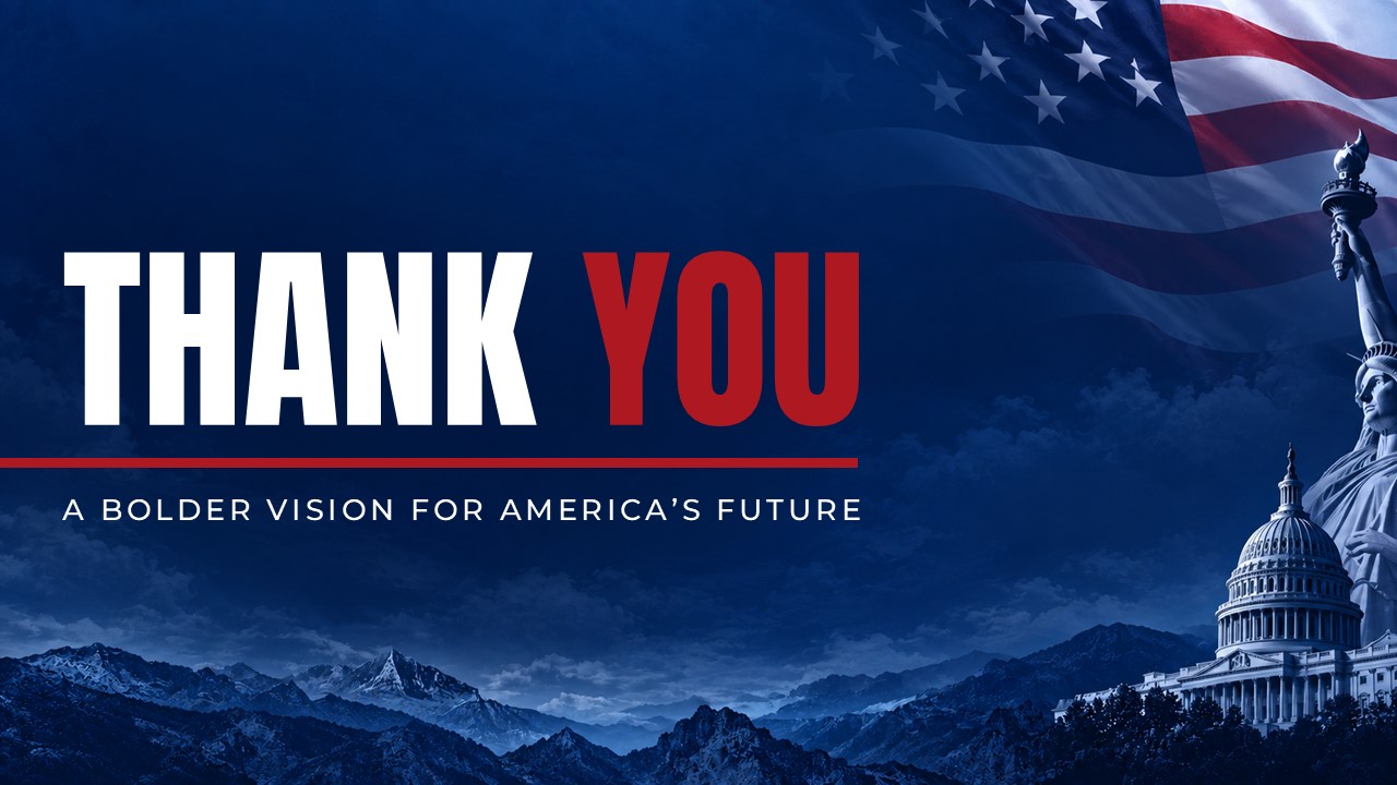 New America Map Template - closing slide with large THANK YOU typography, Capitol Building silhouette, and red divider line