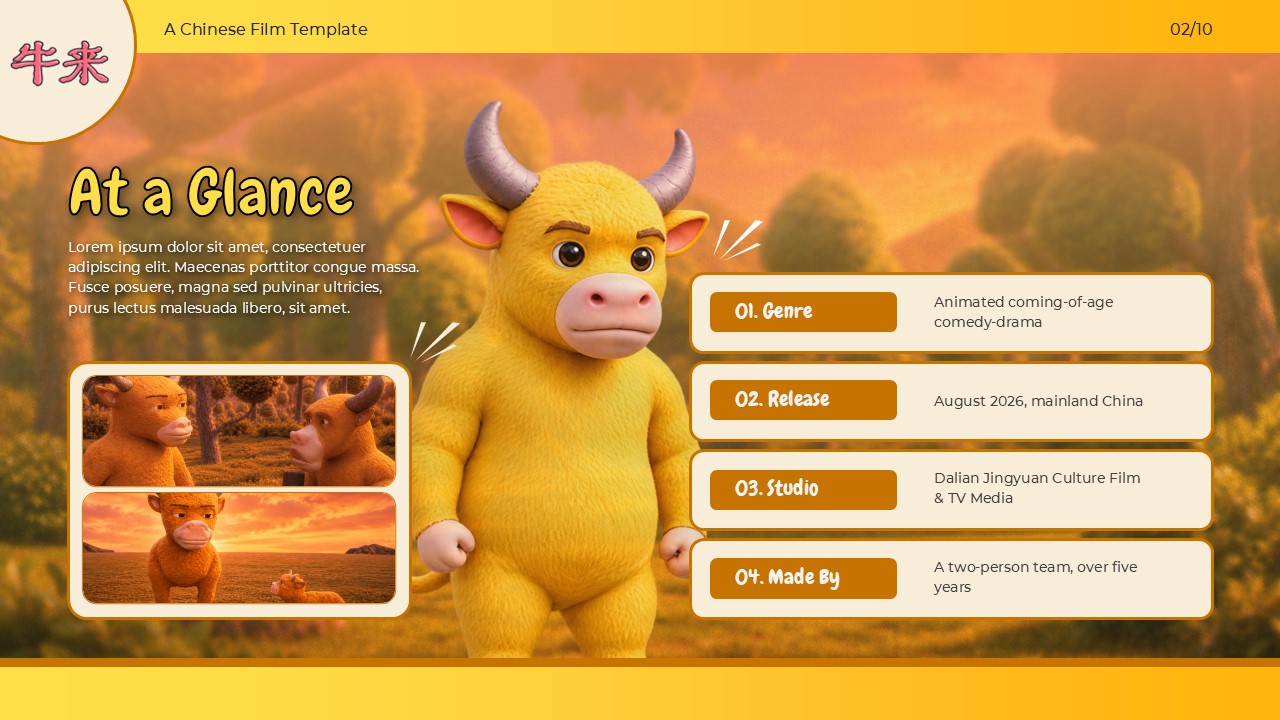 Niu Lai Film Overview Template - At a glance fact sheet with genre, release, studio, and team details