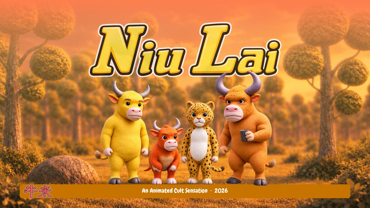 Niu Lai Movie Template - Two-column overview slide with hero character, info cards, and film stills