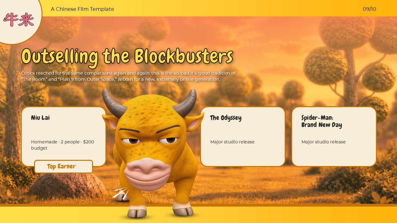 Niu Lai Outselling Blockbusters Template - Competitive comparison slide with Top Earner badge versus major studio films