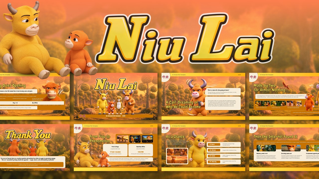 Niu Lai Chinese Movie Template - Cinematic cover slide with 3D bull characters and bold bubble-letter title