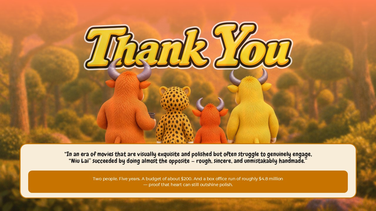 Niu Lai Thank You Template - Closing slide with back-facing characters, final quote, and heartfelt summary banner