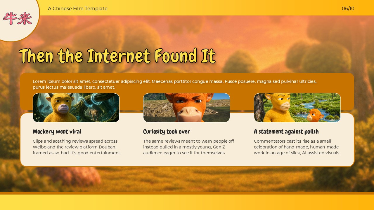 Niu Lai Viral Growth Template - Three-column slide explaining how mockery, curiosity, and authenticity drove virality