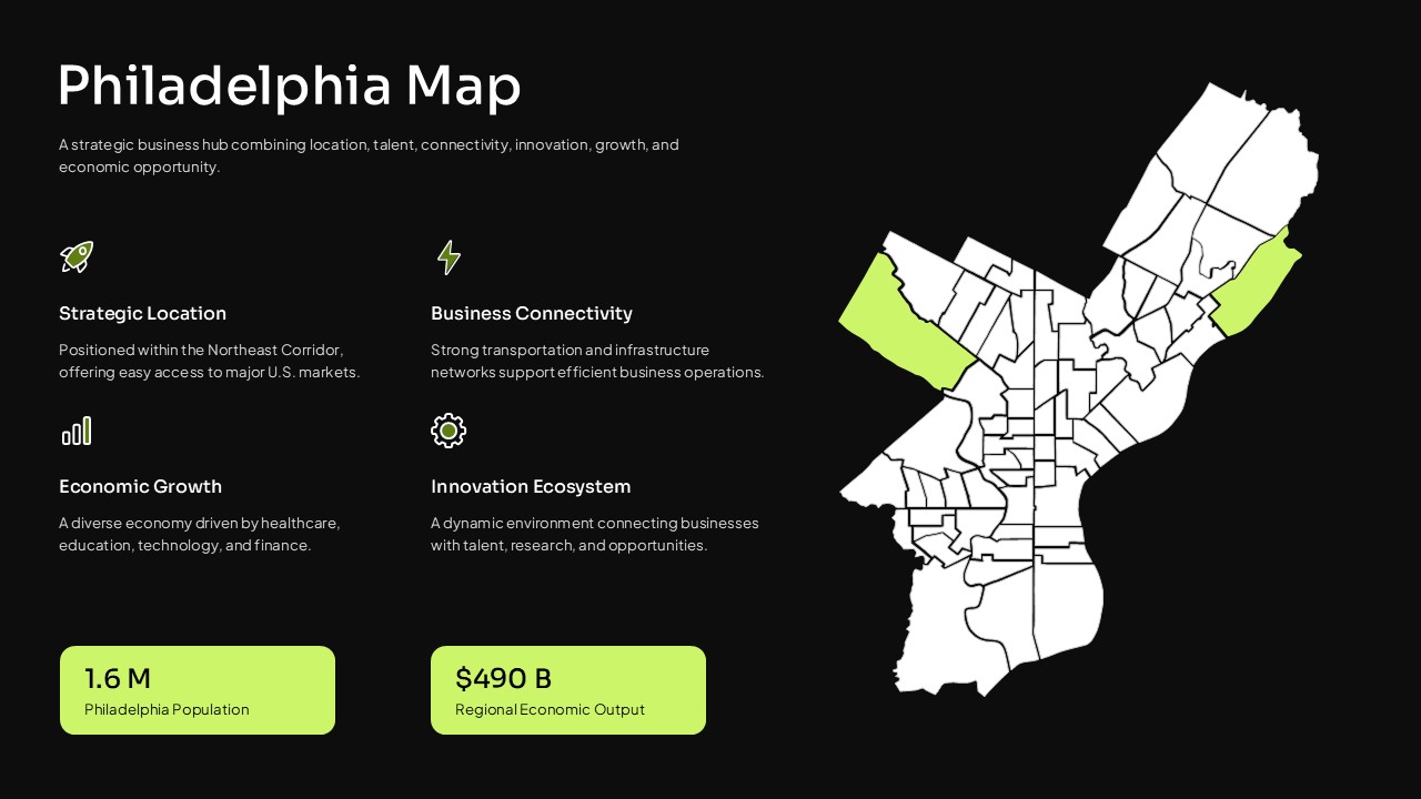 Philadelphia Map Google Slides Template - dark theme business layout