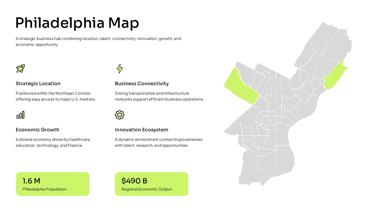Philadelphia Map Template - light theme with stats and feature blocks
