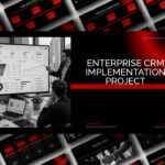 Enterprise CRM Implementation Project Template - multi-slide preview with dark theme, red accents, and bar charts