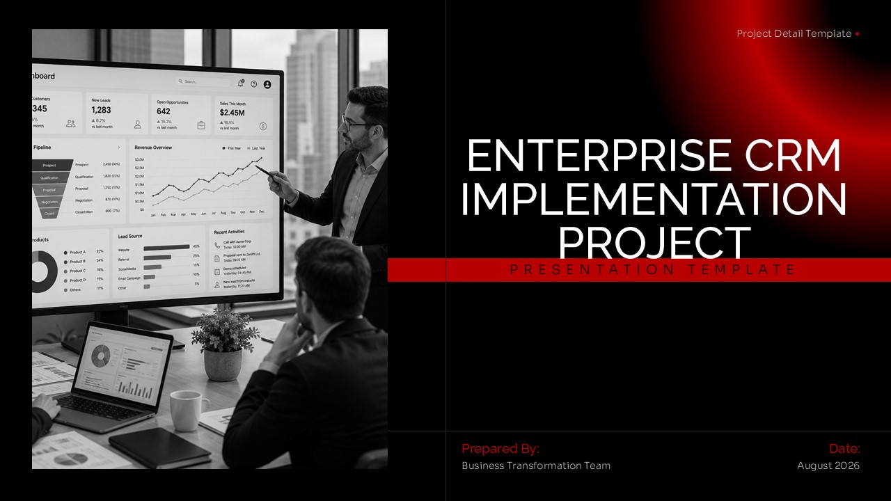 Enterprise CRM Implementation Project Template - dark cover slide with red gradient, bold white title, and subtitle text