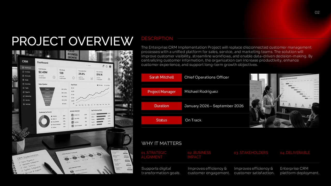 Project Overview Template - two-column slide with sponsor details, status labels, and four-column strategic rationale section