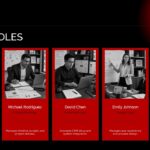 Team & Roles Template - five red profile cards with black-and-white portraits, names, role titles, and descriptions