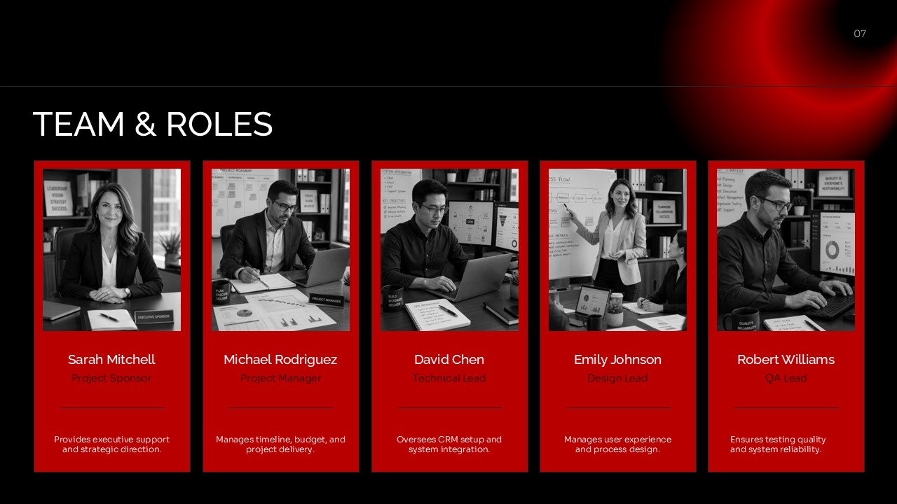 Team & Roles Template - five red profile cards with black-and-white portraits, names, role titles, and descriptions