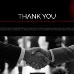 Thank You Template - closing slide with centered white heading, red subtitle, closing paragraph, and full-width handshake photo