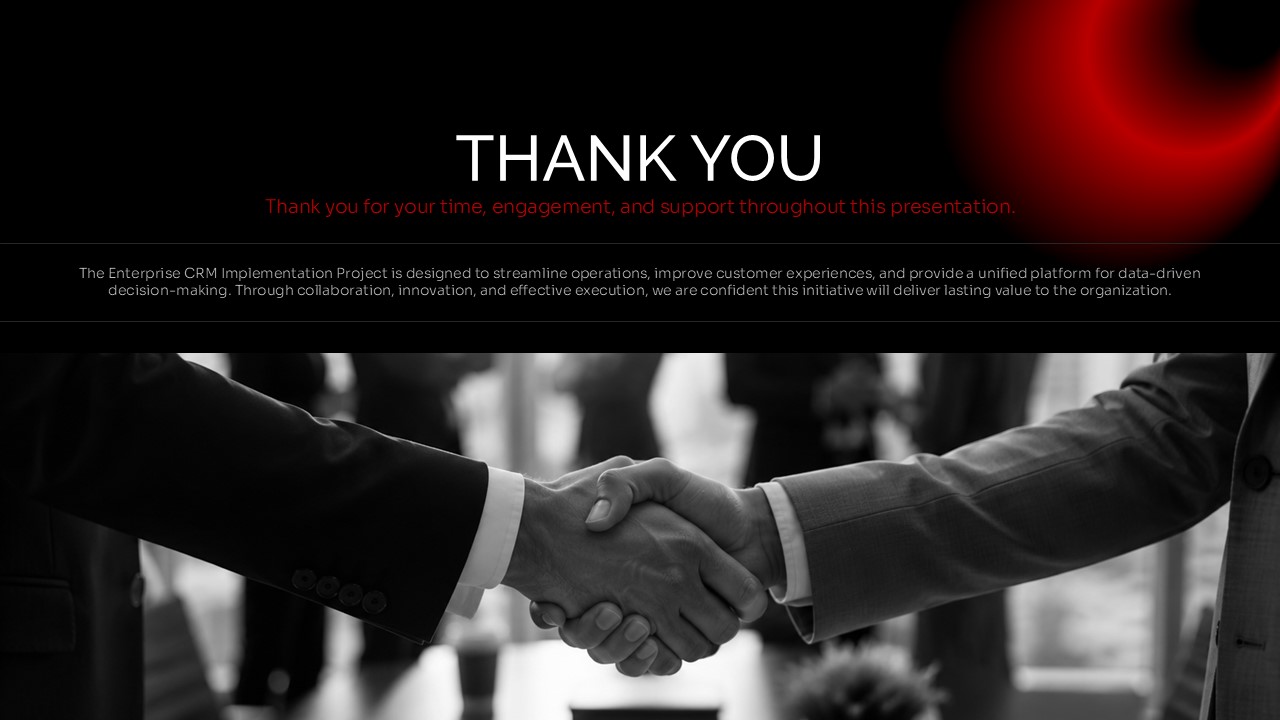 Thank You Template - closing slide with centered white heading, red subtitle, closing paragraph, and full-width handshake photo