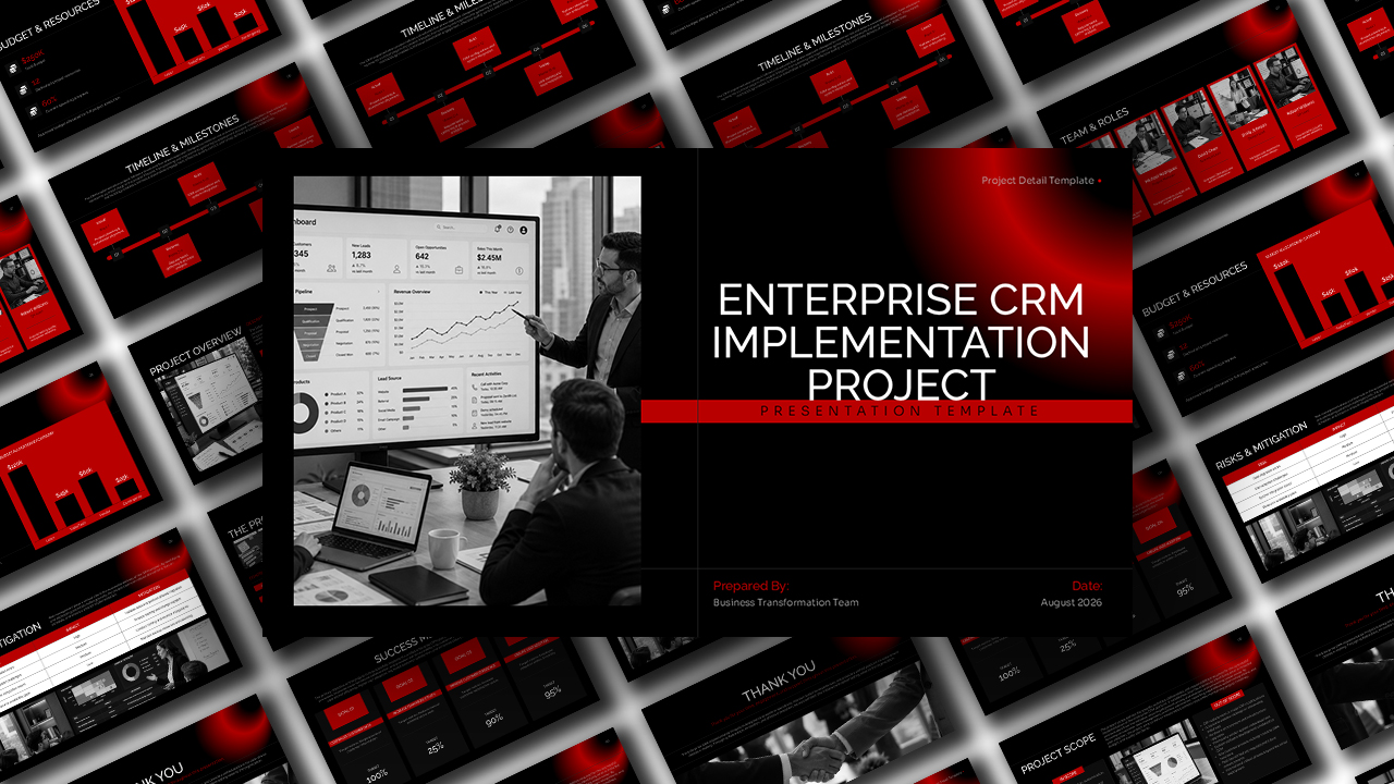 Enterprise CRM Implementation Project Template - multi-slide preview with dark theme, red accents, and bar charts