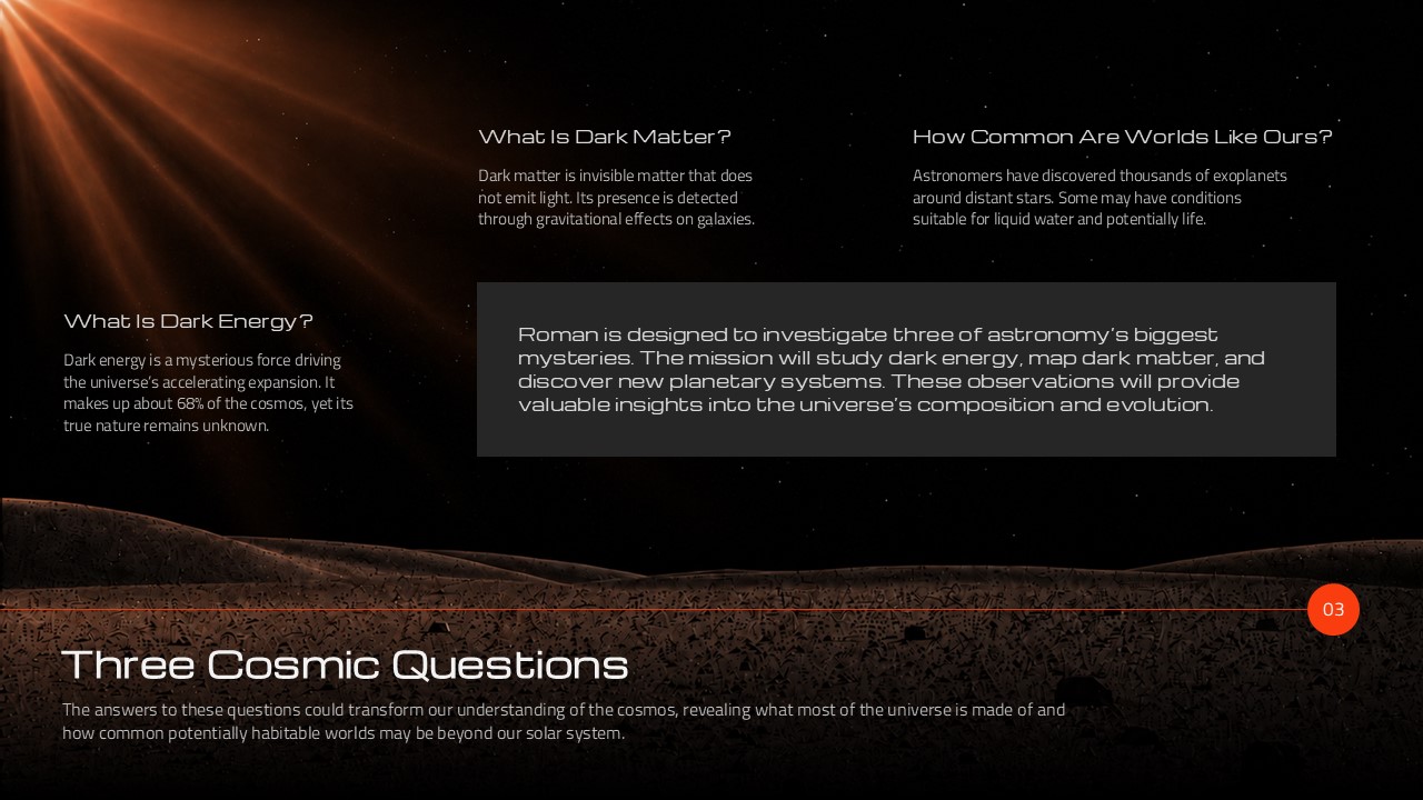 NASA Roman Series - three key cosmic questions slide