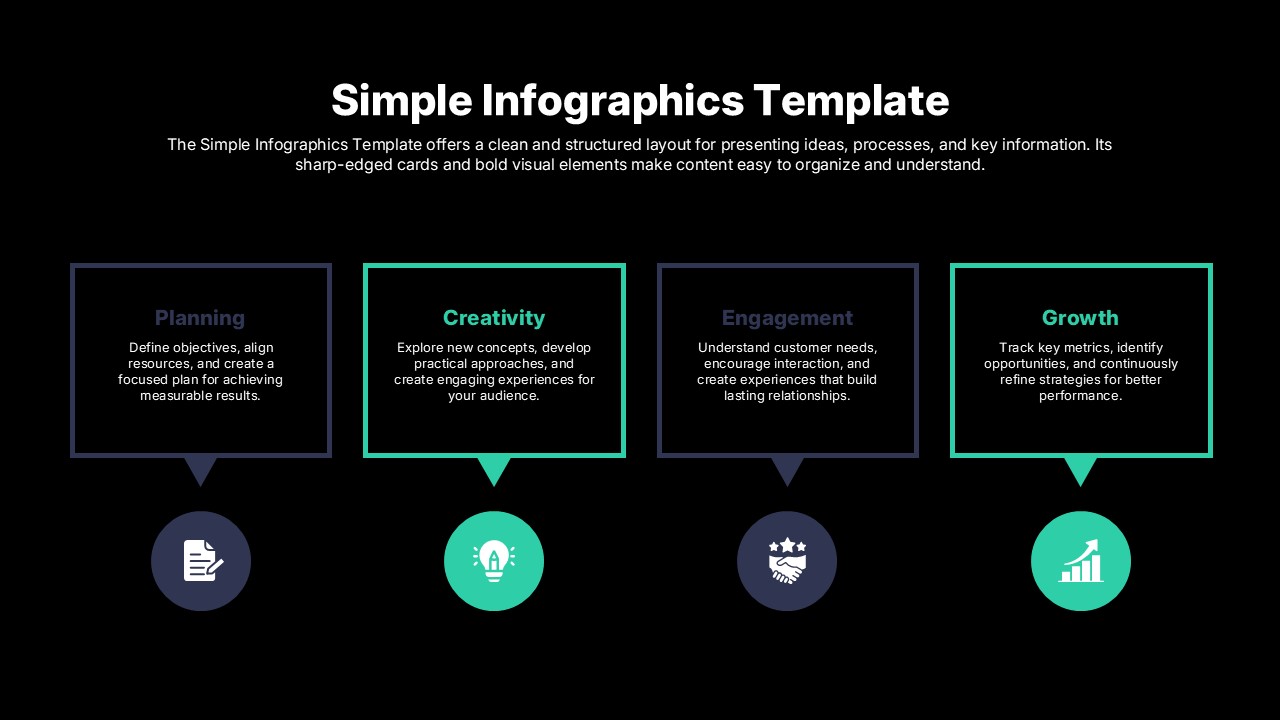 Simple Infographics Template - dark mode 4-step process flow with bordered cards and icons
