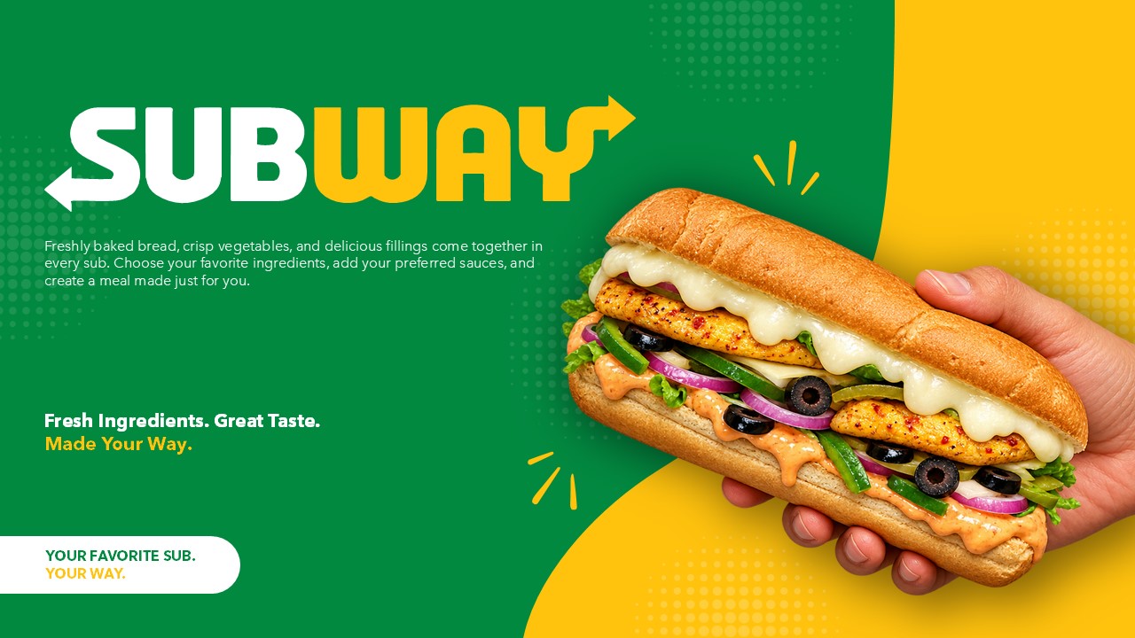 Subway Template table of contents - six numbered pill-button sections beside vibrant food photography on yellow panel