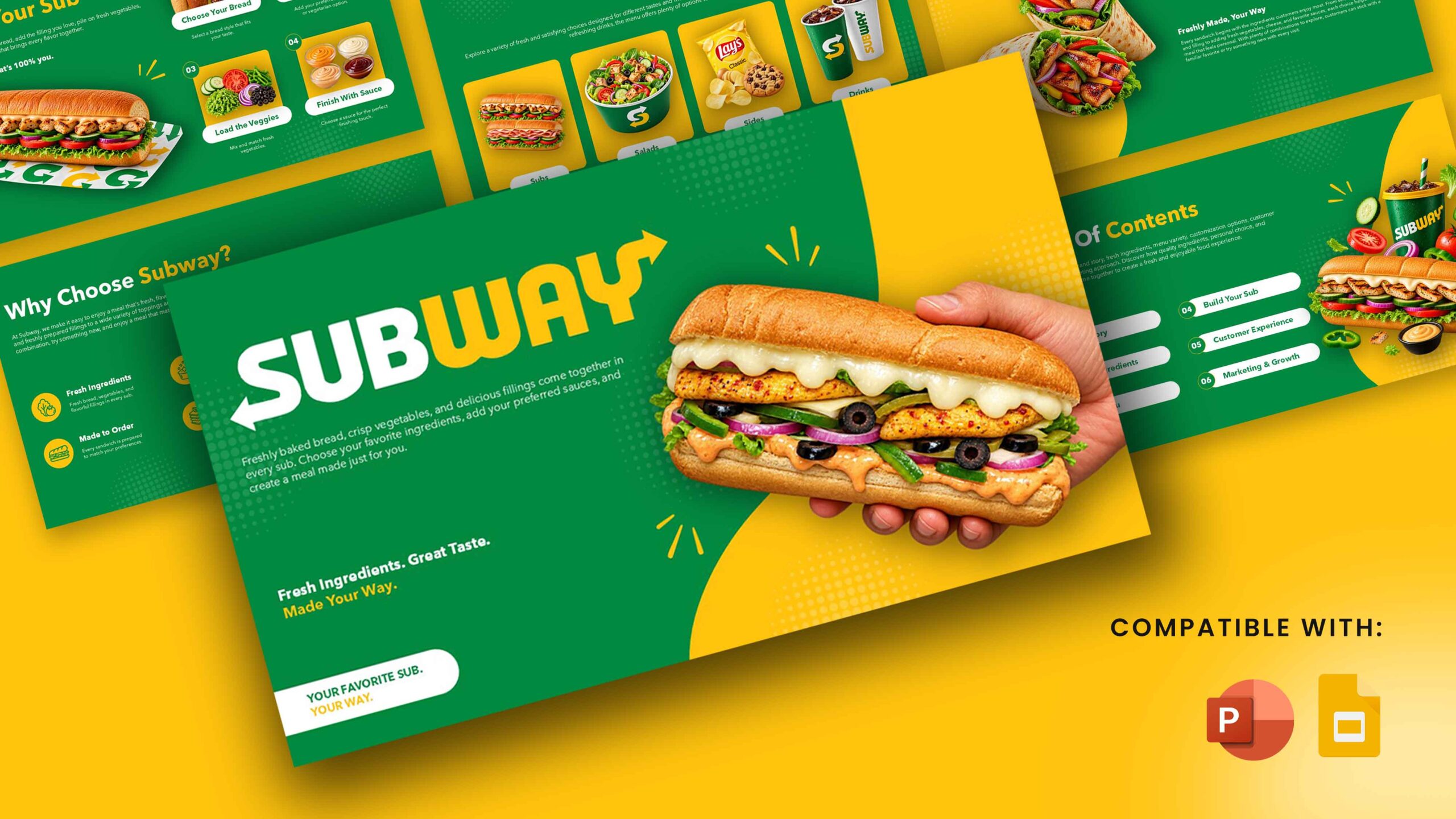 Subway Template cover slide - bold green and yellow split layout with hero sub sandwich photo and fresh tagline