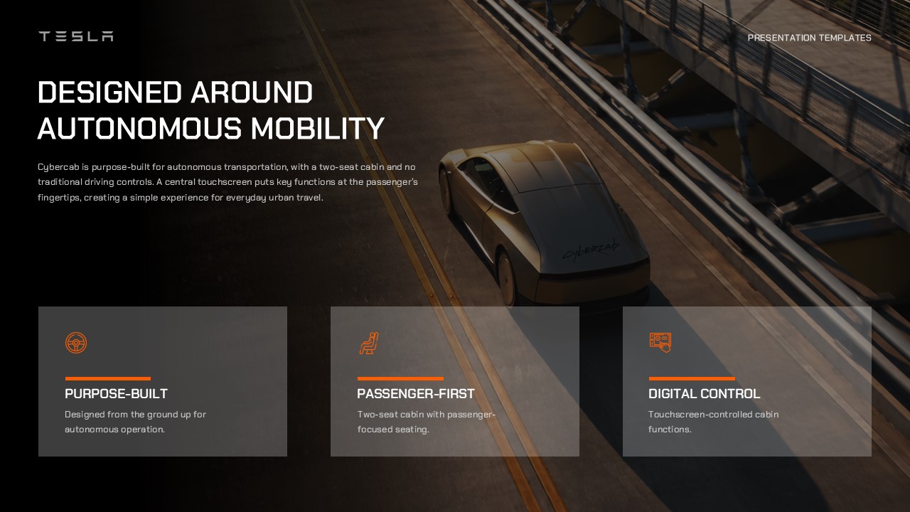 Tesla Cybercab Template - three feature cards slide with icons for Purpose-Built, Passenger-First, and Digital Control