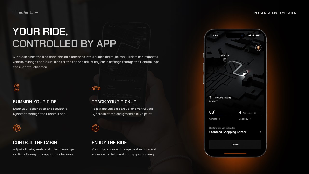Tesla Cybercab Template - autonomous tech slide with sensor overlay visuals and stacked Camera Vision, Object Detection features