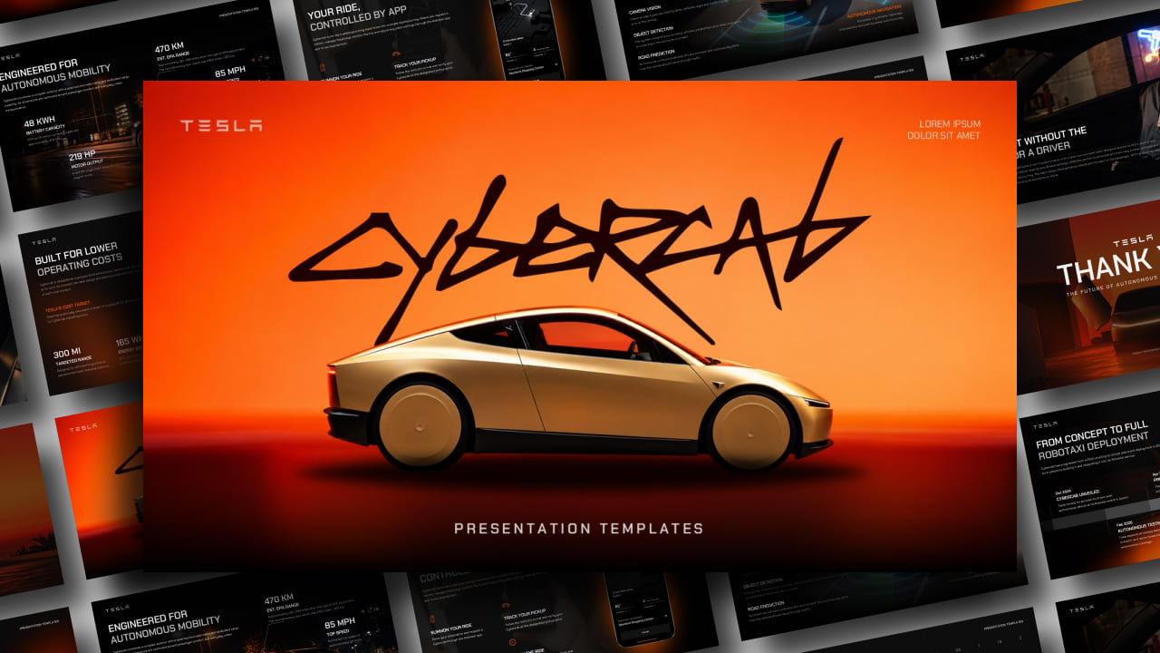Tesla Cybercab Google Slides PowerPoint Template - preview composite showing all 10 dark orange-accented slides