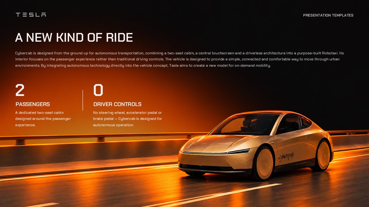 Tesla Cybercab Template - dark product overview slide with two stat callouts '2 Passengers' and '0 Driver Controls'